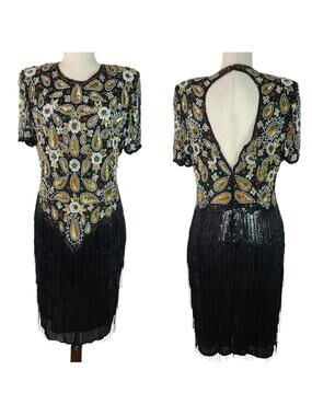 Sweelo Beaded Silk Black Gold Green Vintage Flapper Style Cocktail Evening Dress